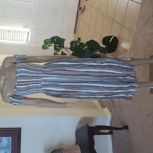 Rebellion m striped jumpsuit offshoulder smocked upper split pants cape